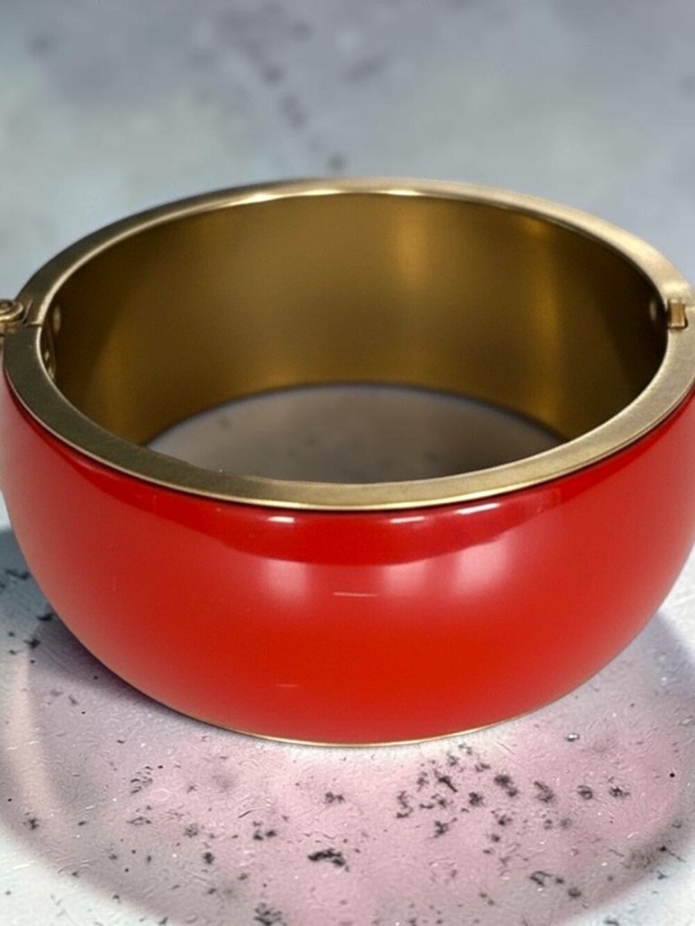 Vintage Red Enamel Wide Hinged Clamper Bracelet Gold Tone Cuff Bangle